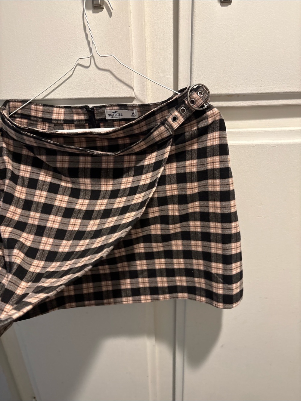 Hollister Black and Beige Plaid Wrap Mini Skirt with Buckle